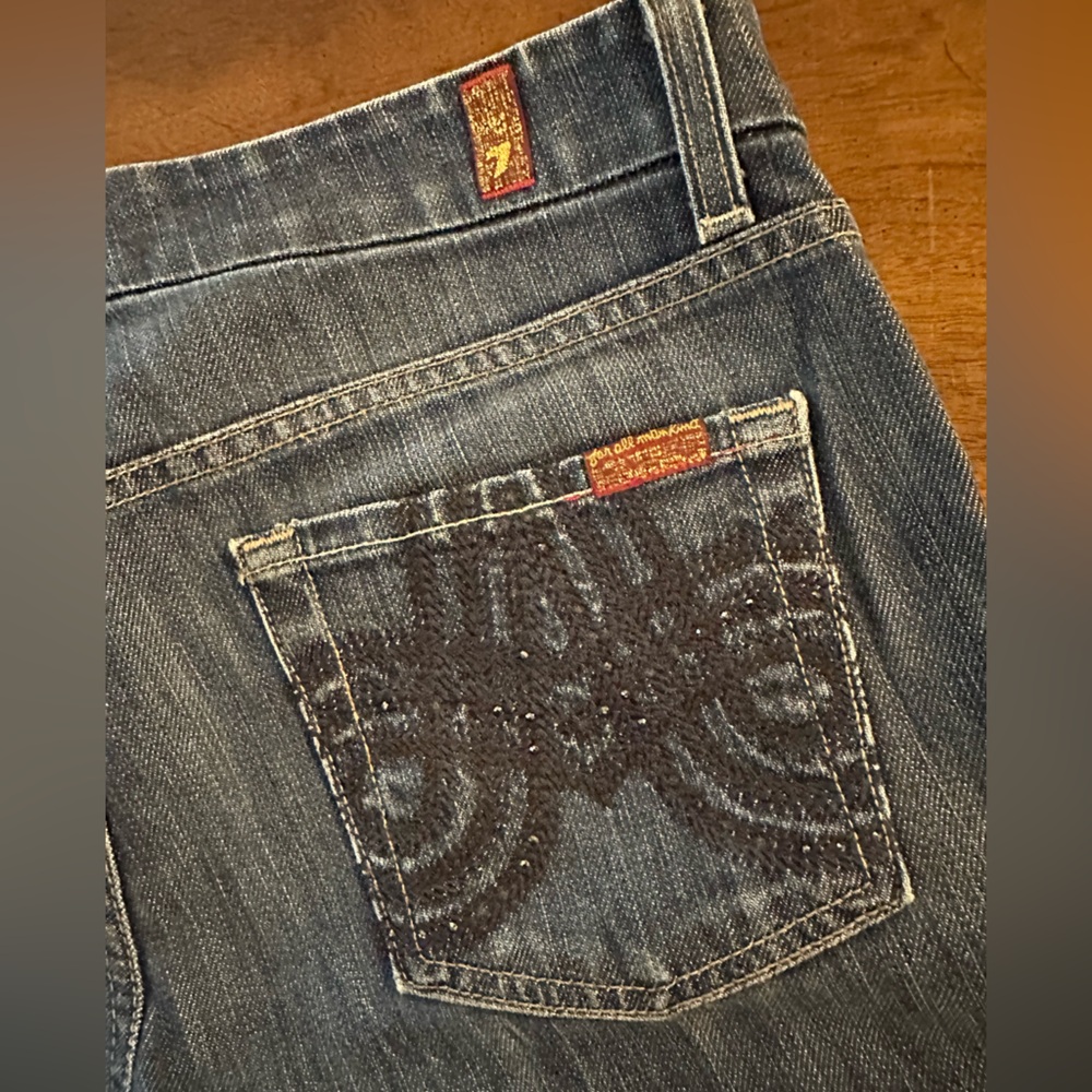 7 For All Mankind Women's Boot Cut Jeans - A Pocket with Black & Navy Embroidery